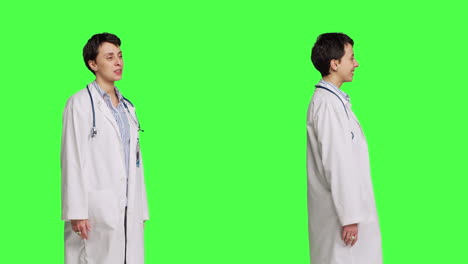 Friendly-medic-waving-hello-and-greeting-patients-against-greenscreen